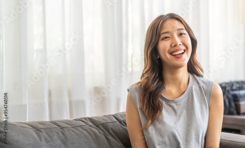 Free Download Portrait of smiling beautiful pretty asian woman clean fresh healthy white skin posing smile in pajamas white clothes, skincare, lady, model, cosmetic, fashion.Girl relax, enjoy at home.asia beauty - GFXLoad