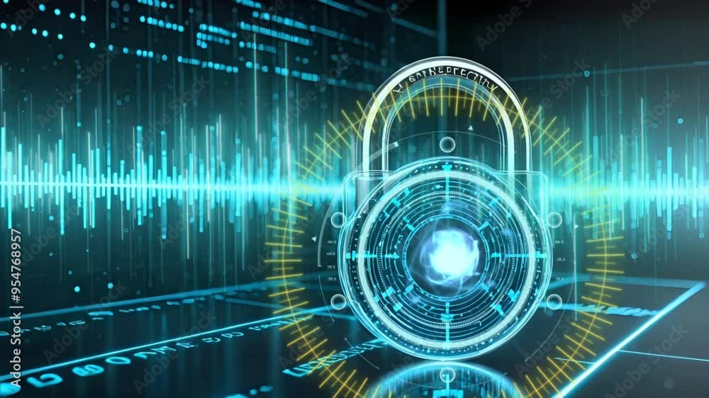 High-tech digital padlock surrounded by sound waves and data lines in virtual environment. Security technology concept. Seamless looping 4k time-lapse video background. High-tech digital padlock surrounded by sound waves and data lines in virtual environment. Security technology concept. Seamless looping 4k time-lapse video background.