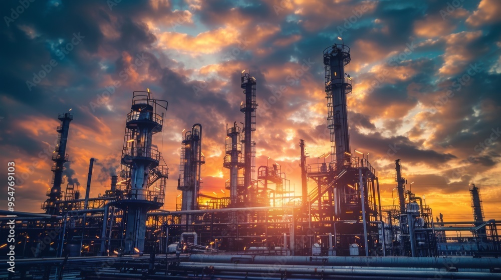 A dusk scene of a petrochemical oil refinery with stormy sky, towering structures, smokestacks, and pipelines. Contrast between industry and nature evokes tranquility and intensity. A dusk scene of a petrochemical oil refinery with stormy sky, towering structures, smokestacks, and pipelines. Contrast between industry and nature evokes tranquility and intensity.