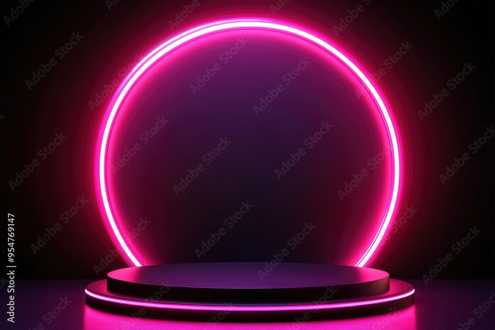 Black Friday Sale Concept. Empty circle pedestal for product displays with Pink neon arch lighting on black background. Vector illustration with generative ai Black Friday Sale Concept. Empty circle pedestal for product displays with Pink neon arch lighting on black background. Vector illustration with generative ai