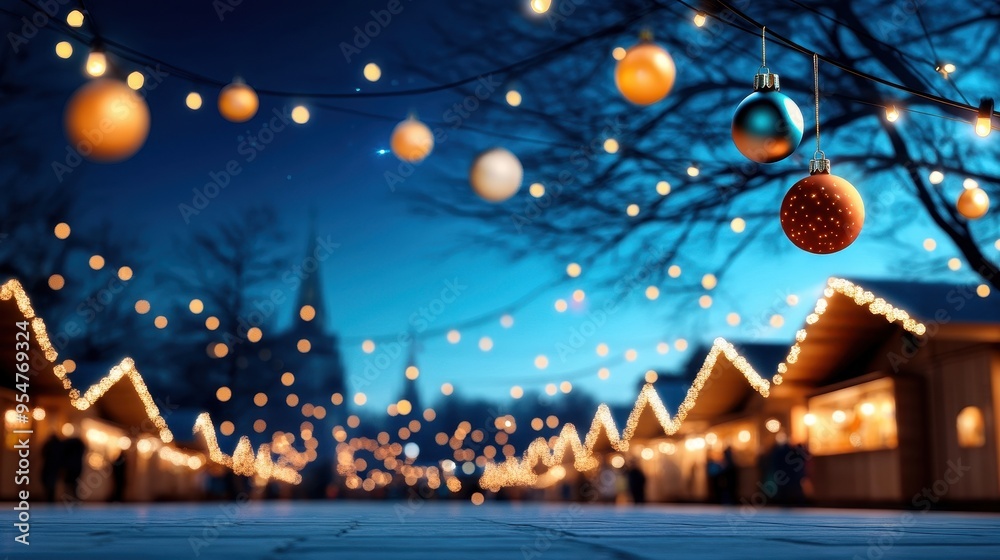 A serene winter evening scene with glowing lights and ornaments, capturing the festive spirit of the holiday season. A serene winter evening scene with glowing lights and ornaments, capturing the festive spirit of the holiday season.