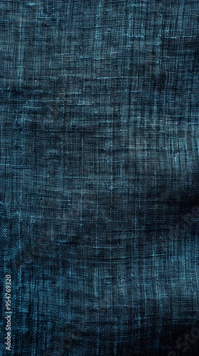 Close-up of textured textile in dark blue/teal grid pattern. Lighter stripes suggest color gradation or light play. Rectilinear pattern dominates image, showcasing tactile texture and visual interest.