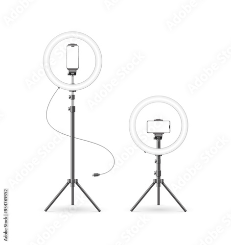 Realistic Detailed 3d Led Ring Lamp Mobile Phone Equipment Holder Set Isolated on a White Background. Vector illustration
