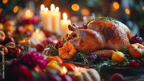 A beautifully arranged Thanksgiving table features a juicy roast turkey surrounded by fall vegetables and glowing candles. The scene captures the warmth and unity of the holiday.