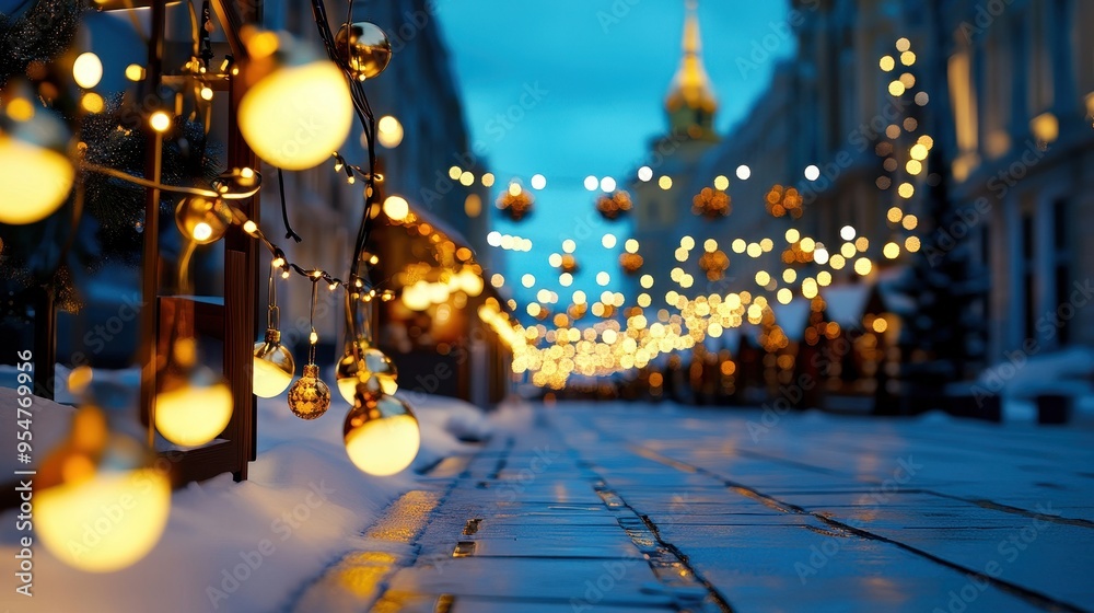 A winter street adorned with glowing lights and ornaments, creating a festive atmosphere during the holiday season.