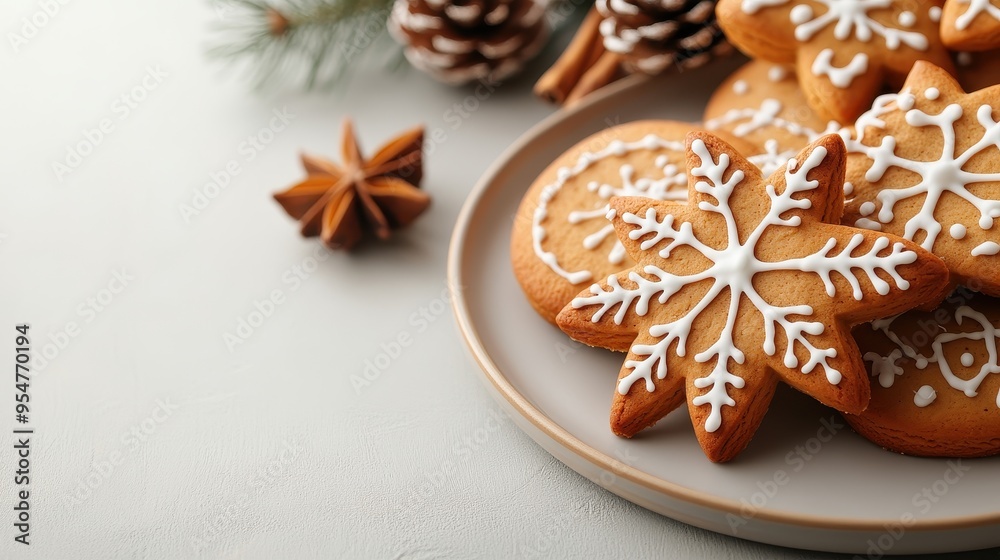 Beautifully decorated gingerbread cookies shaped like snowflakes, perfect for holiday celebrations and festive decorations.