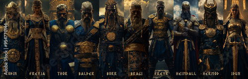 Norse nordic mythology Gods and Goddesses. Odin, Freyja, Thor, Borr, Balder, Freyr, Bragi, Idun, Hrmod, Heimdall. photo