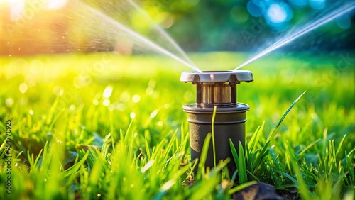 a photo image of a small, plastic cap securing a sprinkler system's water valve on a lush green lawn during a sunny day photo
