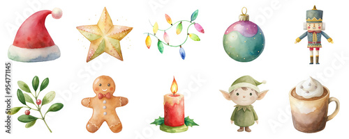 Christmas icons featuring Santa hat, star holiday lights, nutcracker, mistletoe, gingerbread man, elf in watercolor illustration set. Elements in soft pastel colors isolated on transparent background.