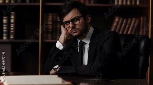 A young man in a suit and glasses sits at a desk with a book open in front of him.