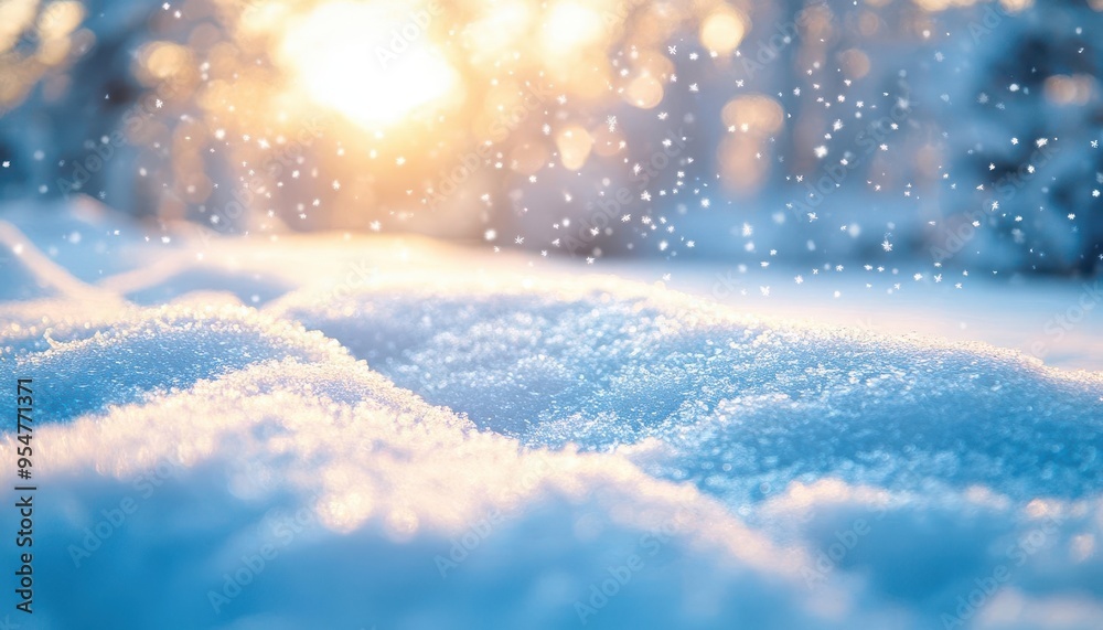 Naklejka premium Winter light over the frozen landscape, with soft light illuminating the snow-covered ground, creating a serene winter scene, Serene, Cool Tones, Wide Angle