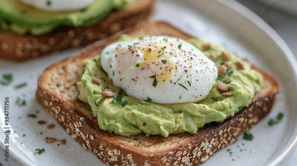 Whole grain toast topped with mashed avocado and a poached egg, brain-boosting breakfast, nutrient-packed and delicious Whole grain toast topped with mashed avocado and a poached egg, brain-boosting breakfast, nutrient-packed and delicious