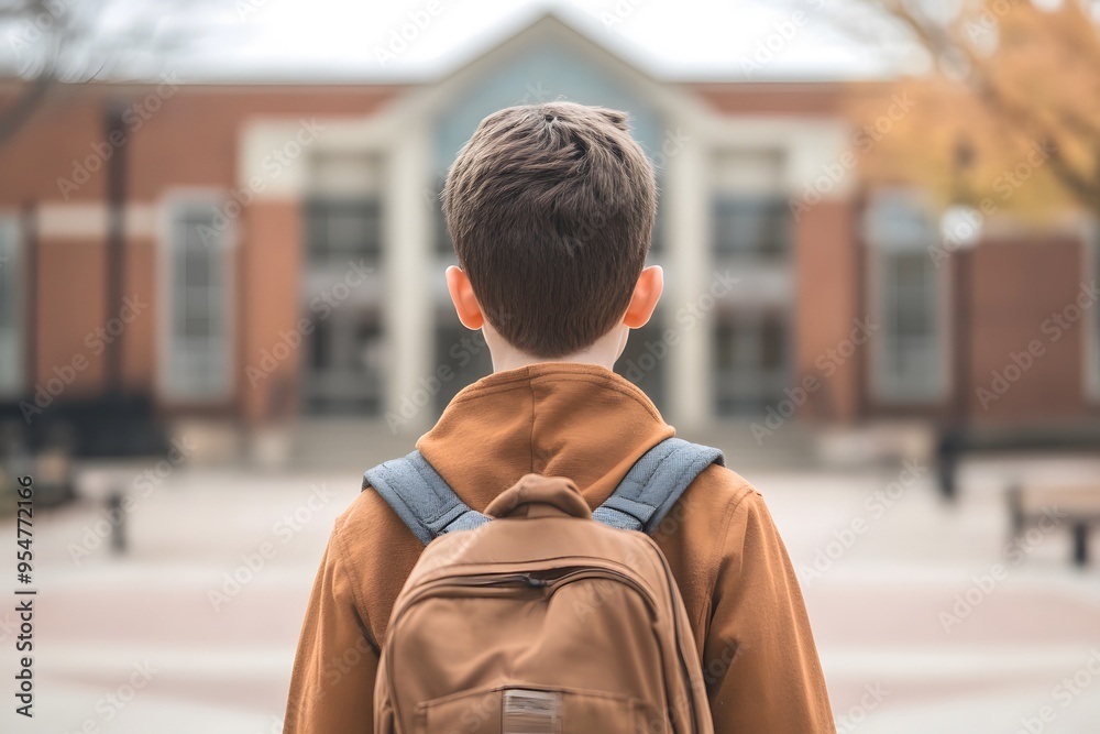Fototapeta premium A young boy wearing a backpack is walking towards the entrance of his school