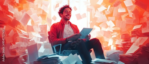 Visualize a messy office scene with an unmotivated man surrounded by paperwork, smiling at his cell phone, in a light red and white color scheme with transparenttranslucent medium photo