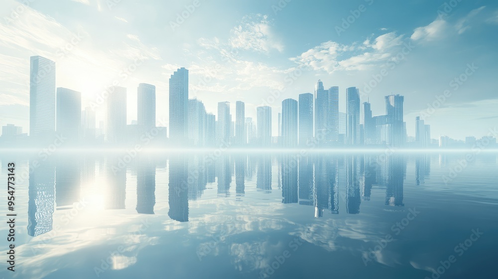 Futuristic city skyline reflected in water Futuristic city skyline reflected in water