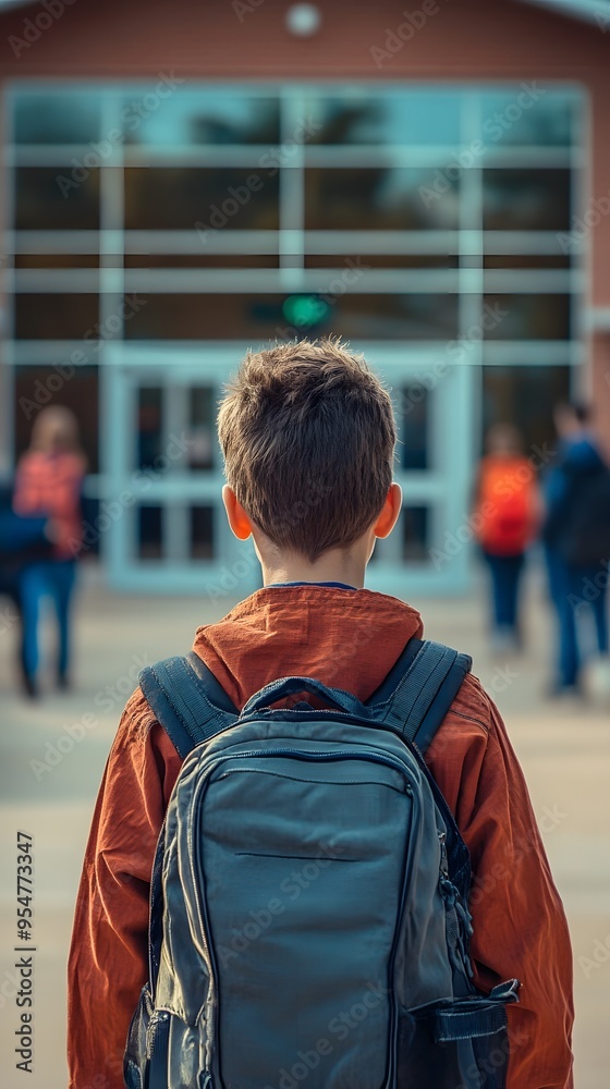 A young boy wearing a backpack is walking towards the entrance of his school A young boy wearing a backpack is walking towards the entrance of his school