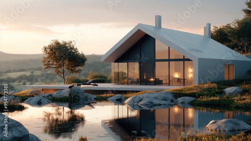 A serene minimalist house in a quiet, open landscape, clean lines, neutral colors, open spaces, large glass windows, natural materials. Generative AI. photo