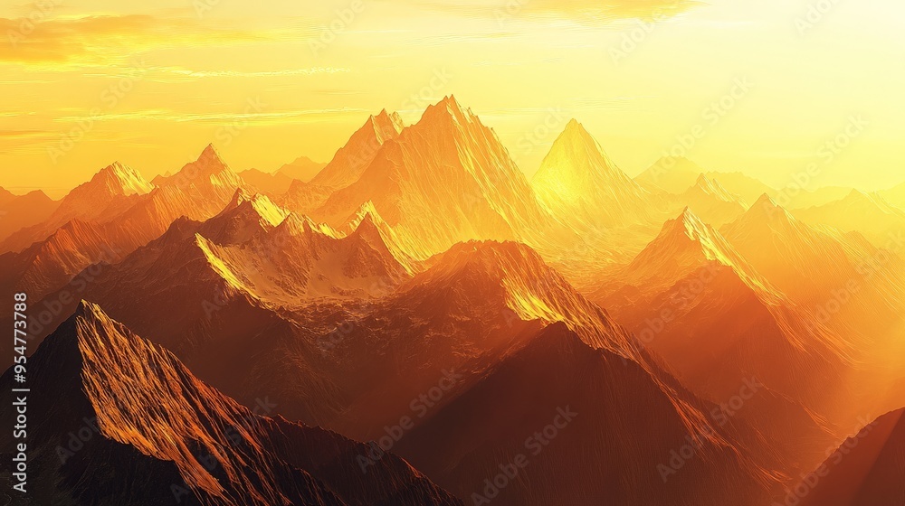 Design an image of a golden sunrise illuminating a mountain range. The golden light should cast a warm glow over the peaks Design an image of a golden sunrise illuminating a mountain range. The golden light should cast a warm glow over the peaks