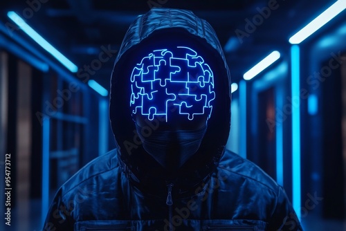 Neuroeconomics Neuroethics Futuristic depiction of a hooded figure with a glowing brain puzzle symbolizing the mysteries of the mind the complexity of thought or enigmatic nature of intelligence photo