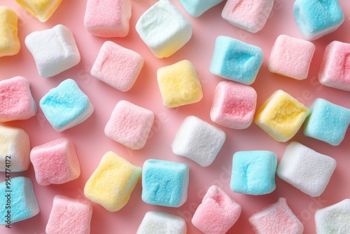 Colorful Marshmallow Cubes Light Pastel Candy on Pink Background.