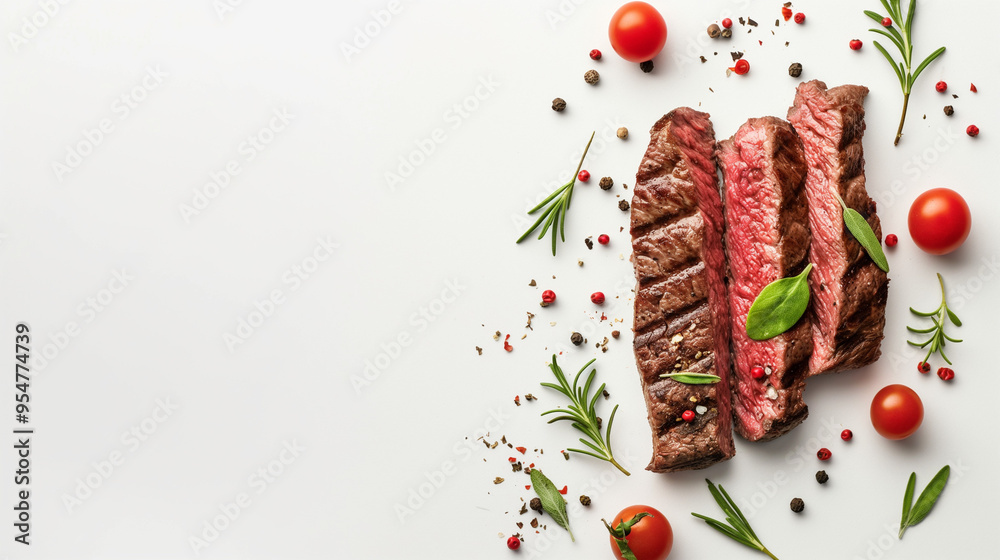 Grilled beef steaks with herbs, cherry tomatoes, and spices on white background, gourmet meat food concept for restaurant and steakhouse design, top view of juicy and tender steaks