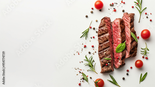 Obraz na płótnie Grilled beef steaks with herbs, cherry tomatoes, and spices on white background, gourmet meat food concept for restaurant and steakhouse design, top view of juicy and tender steaks w salonie