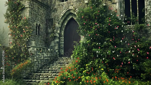 Exploring an enchanting overgrown castle adorned with vibrant flowers during a misty morning