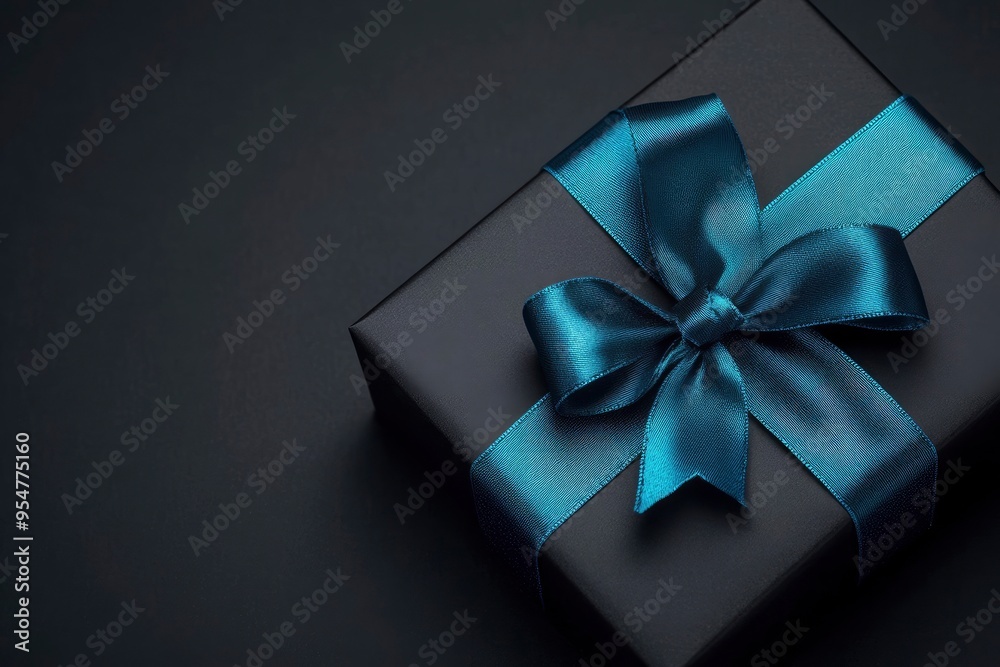 Black gift box with blue ribbon on dark background, black friday sale concept, top view with generative ai Black gift box with blue ribbon on dark background, black friday sale concept, top view with generative ai