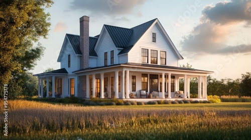 Envision a classic farmhouse with a wraparound porch and a cozy, inviting interior.