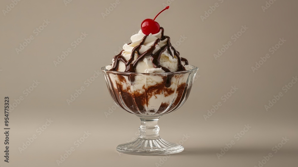 Envision a classic ice cream sundae served in a vintage glass dish. The sundae includes layers of creamy ice cream Envision a classic ice cream sundae served in a vintage glass dish. The sundae includes layers of creamy ice cream