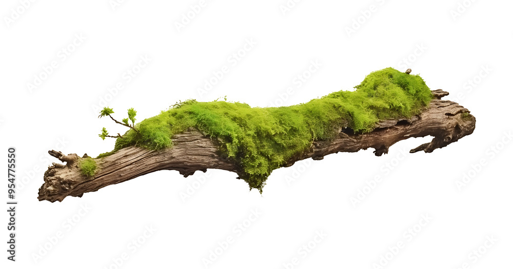 Obraz premium fresh green moss on rotten branch and dirt isolated on white side view clipping path