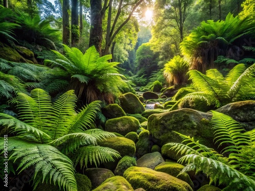 a photo image of lush emerald foliage with soft afternoon light filtering through the dense growth, surrounded by wispy ferns and mossy stones photo