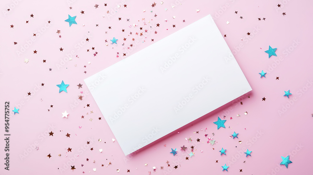 White card mockup invitation on pastel pink background with glowing stars. Party time. Generative AI