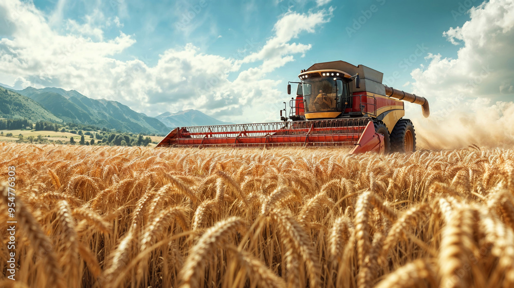 Fototapeta premium A combine harvester is efficiently working in a vast wheat field