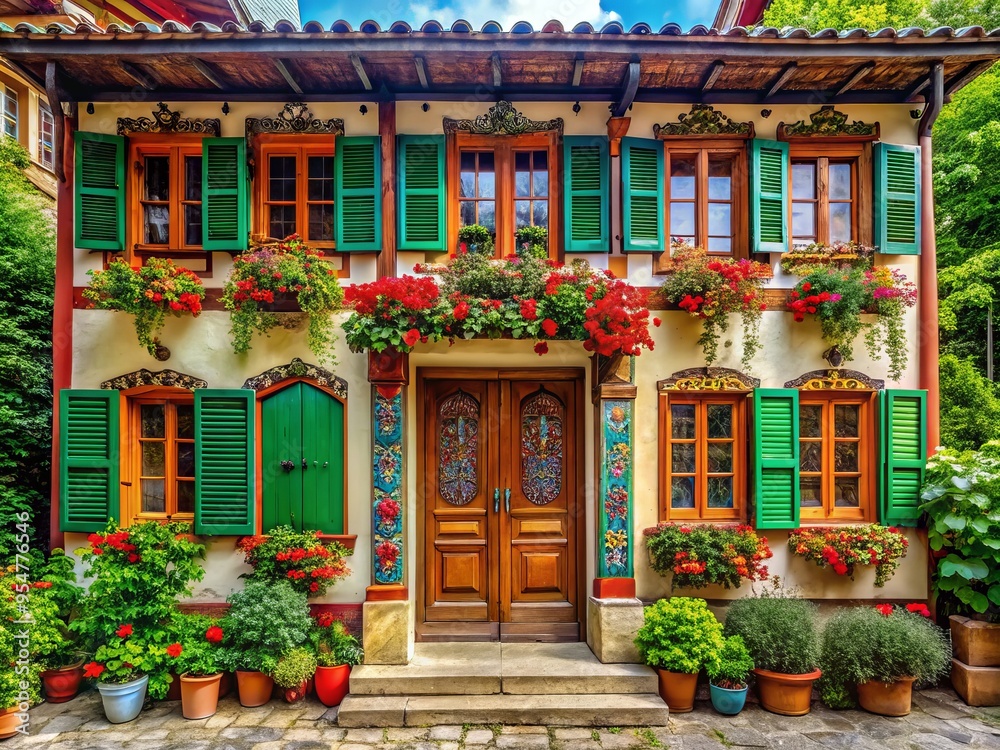 Photo image of a colorful and lively Balkan-inspired house facade with ornate wooden doors, decorative shutters and a vibrant red roof amidst lush greenery Photo image of a colorful and lively Balkan-inspired house facade with ornate wooden doors, decorative shutters and a vibrant red roof amidst lush greenery