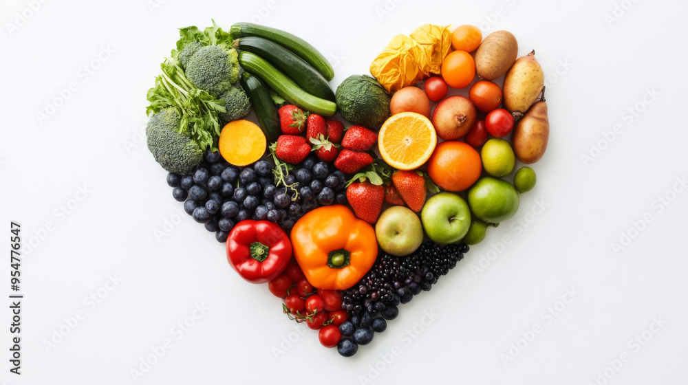 A heart shape composed of various fruits and vegetables, set against a white background. A heart shape composed of various fruits and vegetables, set against a white background.