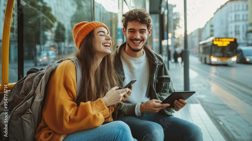 Fototapeta Naklejka Na Ścianę i Meble -  Two cheerful friends young woman and man sitting at bus station while city bus is passing by on the street, having a conversation, laughing, holding mobile phone and digital tablet. Copy space photo. 