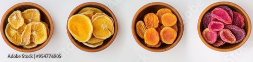 Set of bowls of dried fruits with transparent background, top view