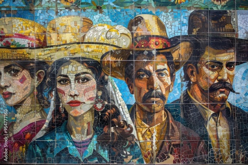Colorful Mosaic Mural of Traditional Mexican Characters in Vibrant Detail