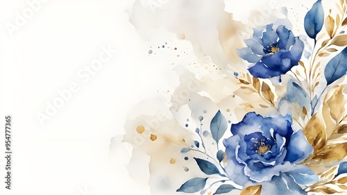 Blue and gold flower on white background. Watercolor abstract romantic floral background. Frame or border for design greeting card, wedding invitation, poster, banner. With copy space