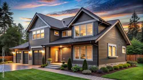 The classic charm of the house with horizontal lap siding comes alive in the warm afternoon sun, its rustic beauty on full display.