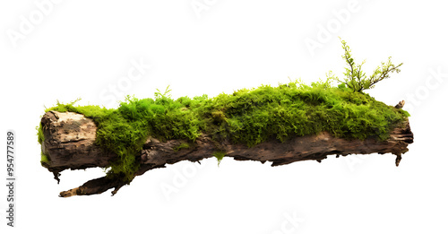 fresh green moss on rotten branch and dirt isolated on white side view clipping path