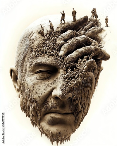 Surreal Sculpture of Human Head Transforming into Miniature Figures photo