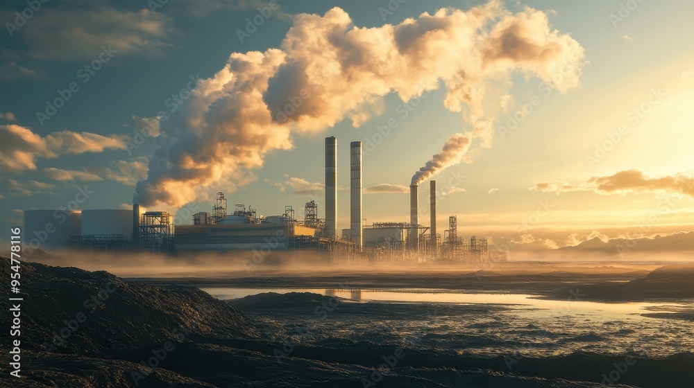 Dramatic Sunset Over Industrial Landscape with Smokestacks Dramatic Sunset Over Industrial Landscape with Smokestacks