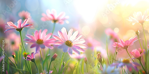 Spring natural nackground with flowers sun burnst, spring background, natural setting, flowers, sunburst, floral scene, blooming flowers, sunny  photo