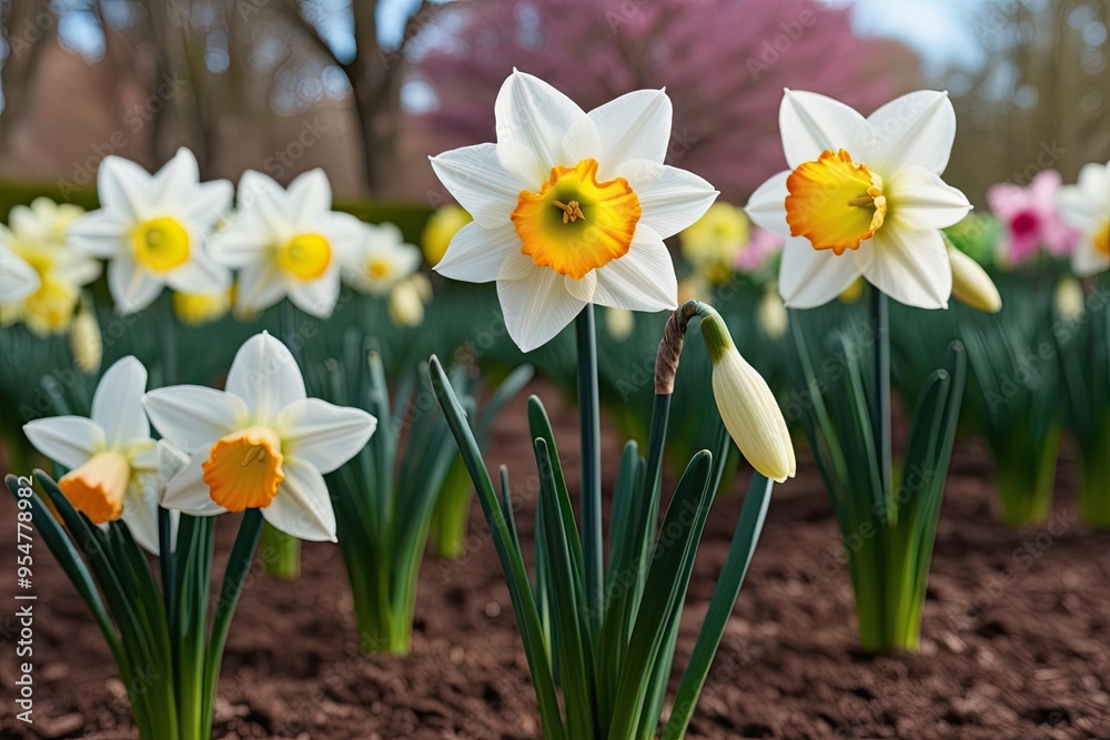 3D Visualization of Beautiful Narcissus Poeticus Flowers in Springtime Garden 3D Visualization of Beautiful Narcissus Poeticus Flowers in Springtime Garden