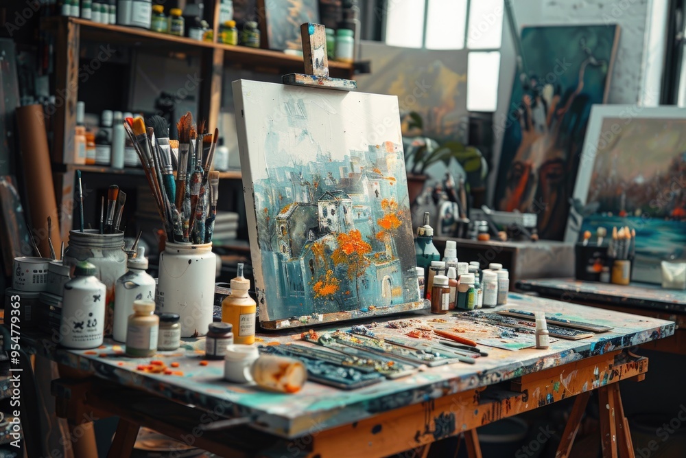 Colorful Abstract Painting in a Vibrant Art Studio with Organized Supplies Colorful Abstract Painting in a Vibrant Art Studio with Organized Supplies