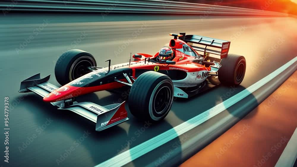A race car speeding around a track, with motion blur and dramatic lighting