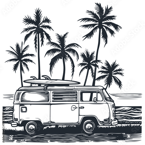Surf bus retro minivan, palm trees, surfboard and beach. Vector illustration	