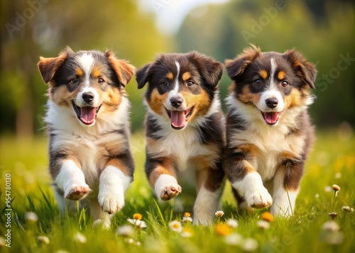 a photo image of playful adorable English Shepherd puppies with fluffy coats and floppy ears frolicking in a sunny meadow